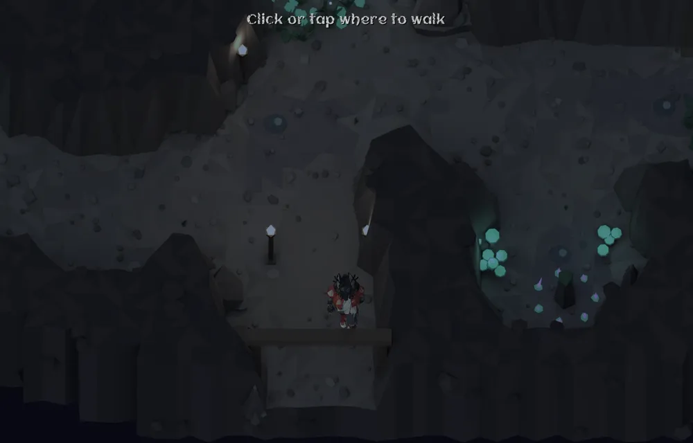 A dark cave lit by glowing crystals