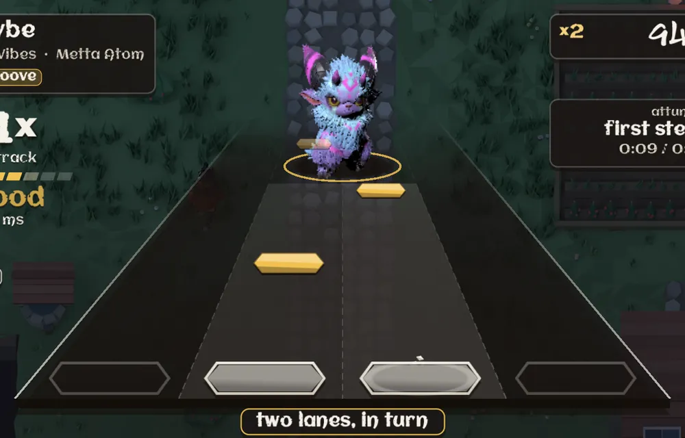 Four rhythm lanes on a phone, a creature called Vybe waiting at the top