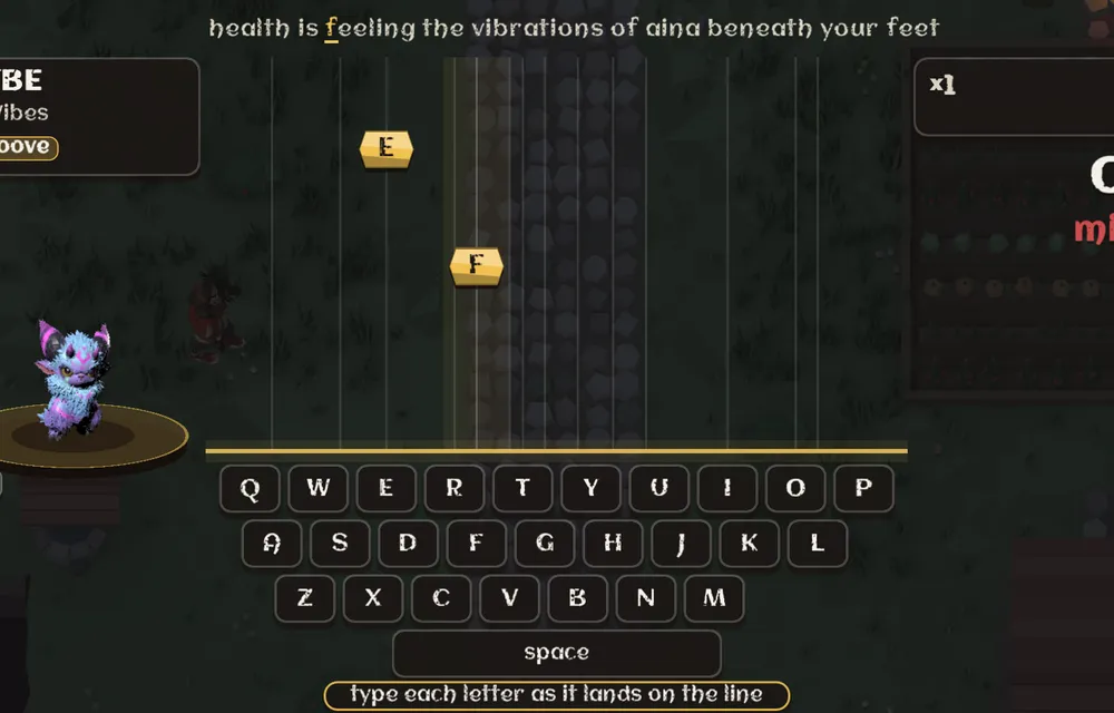 Letters falling onto an on-screen keyboard while Vybe dances