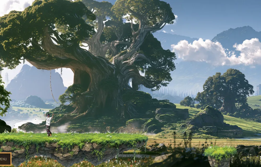 Running past a giant tree in a green valley