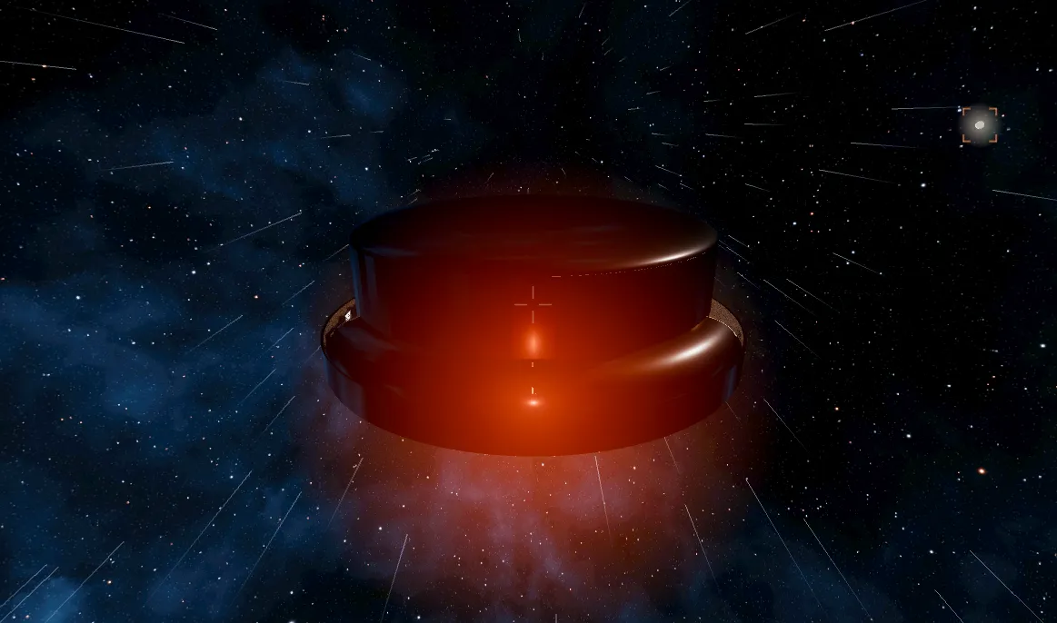The Mettā Atom ship adrift in deep space, drive glowing red beneath it